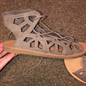 Tan ankle wrap sandals